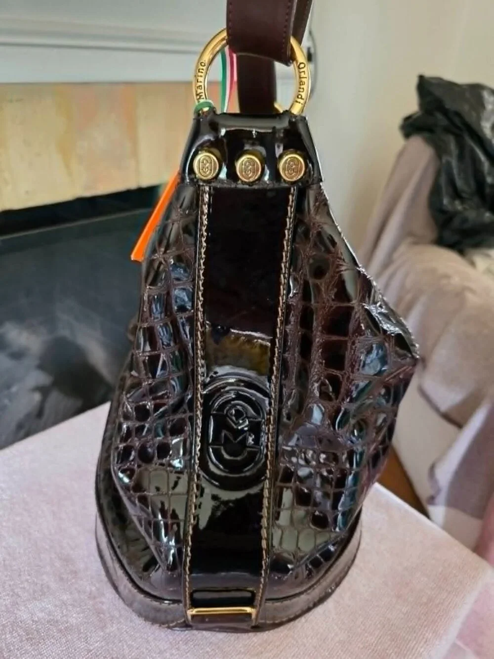 MARINO ORLANDI Made In Italy Leather Sling Backpack Patent Croc Leather